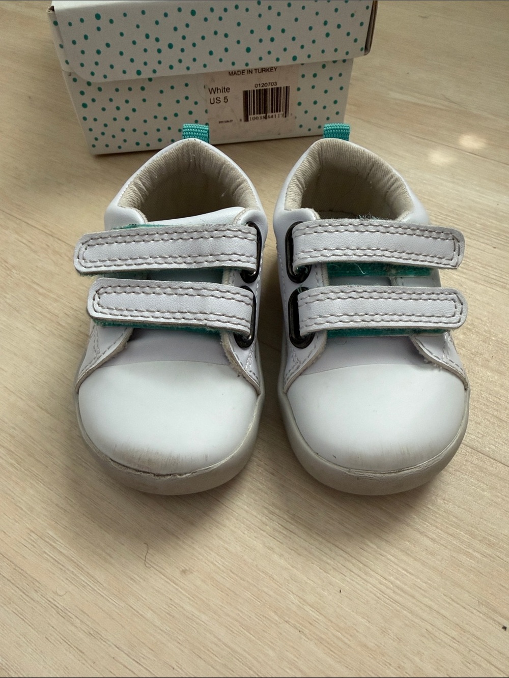 White Kids Sneakers with Teal Accents - Velcro Closure